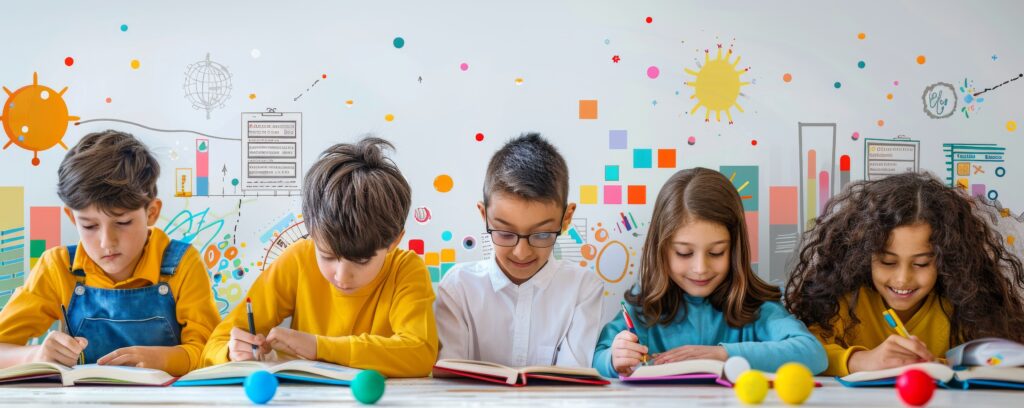 Group of diverse children studying together in a colorful classroom setting