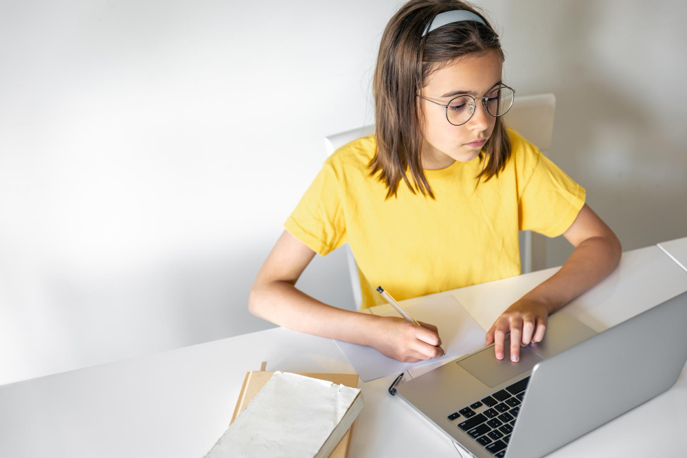 A teenage girl does her homework while sitting with books and a laptop